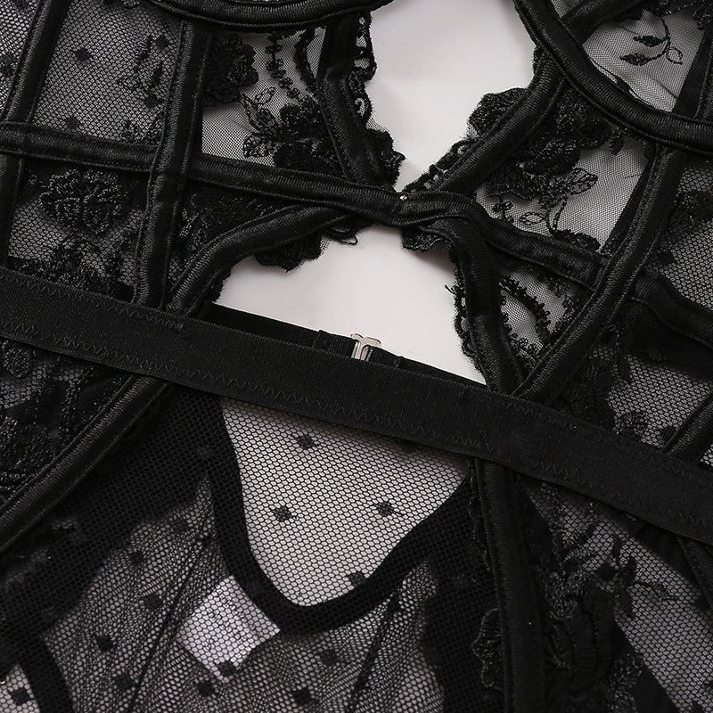 Embroidered Sheer Mesh Bodysuit with Open Back