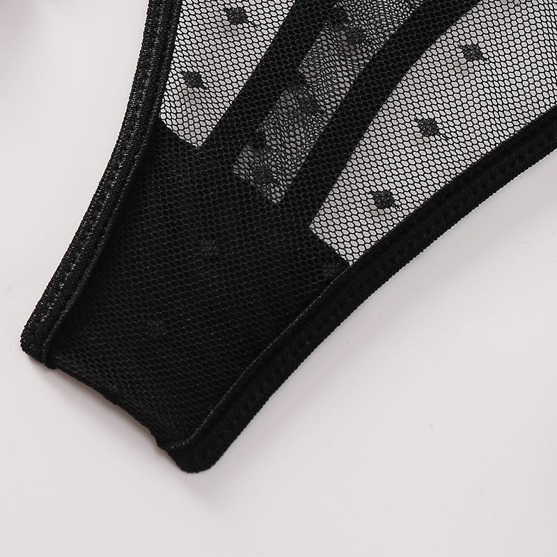 Black Embroidered Sheer Mesh Bodysuit with Open Back Garter Details