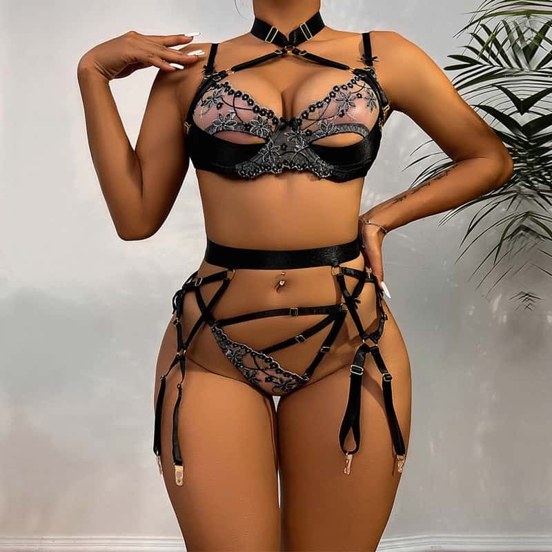 Black Halter Cutout Satin Panel Garter Belt Set Front Show On Model