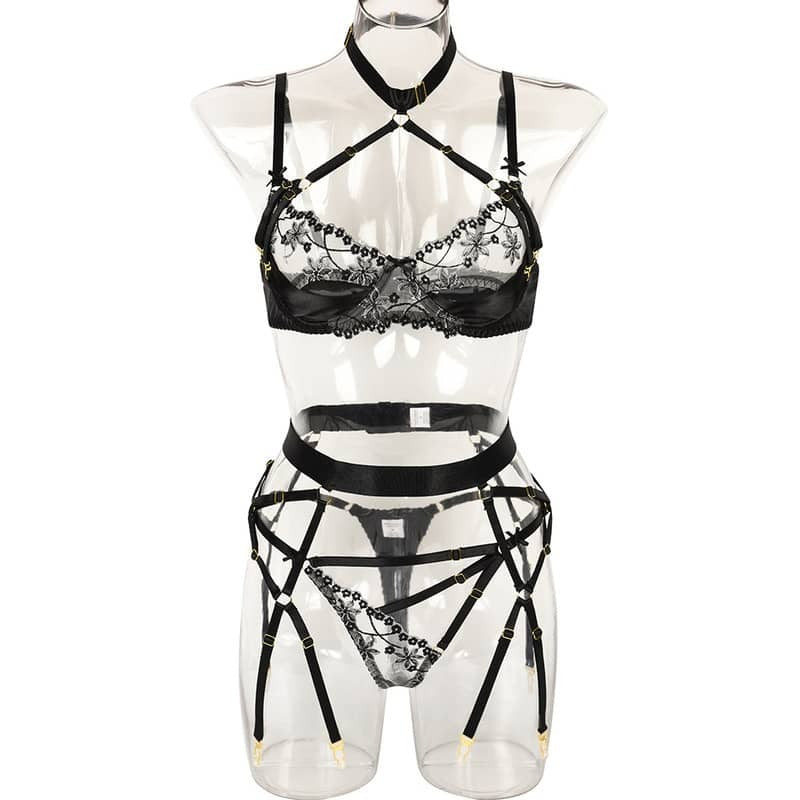 Black Halter Cutout Satin Panel Garter Belt Set