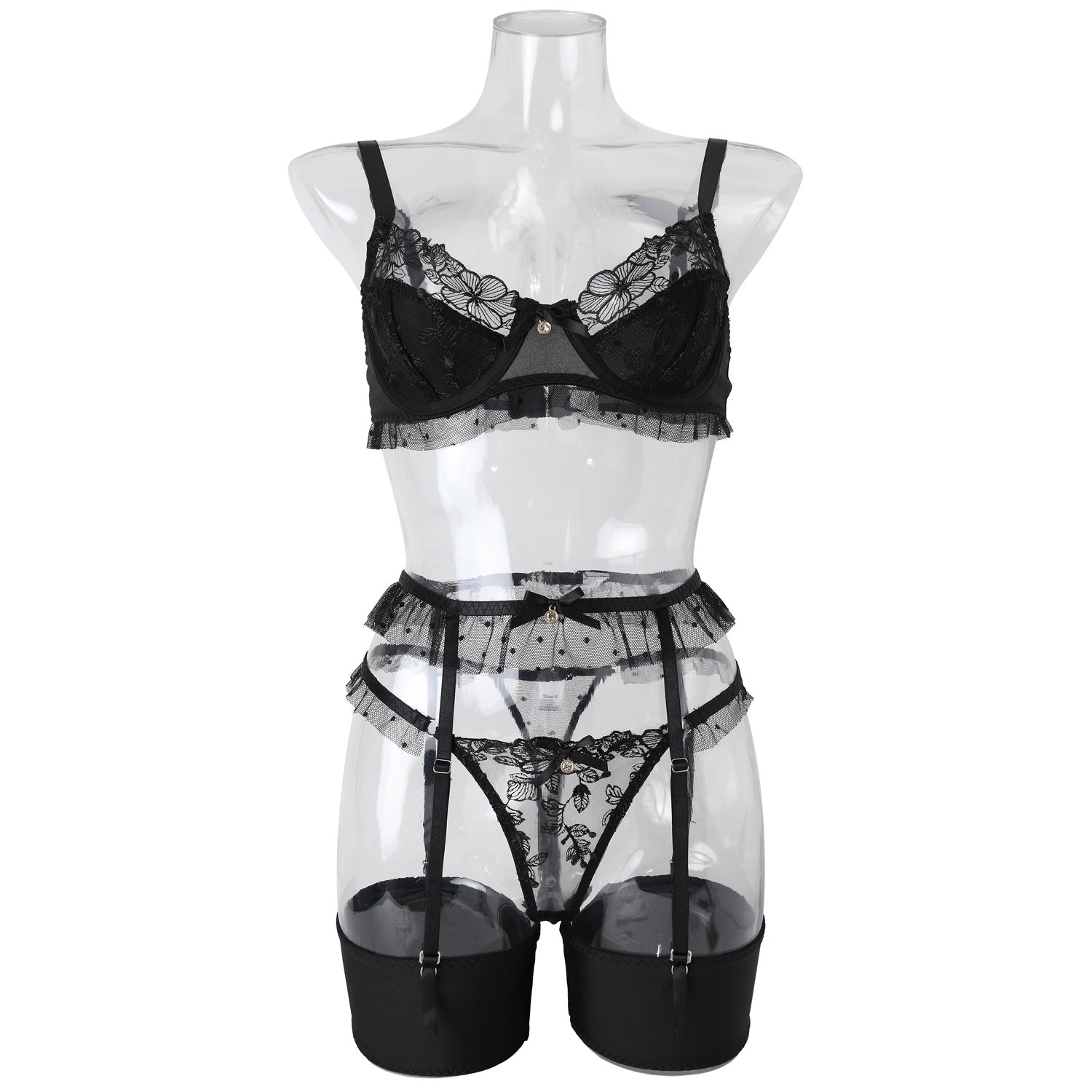 Black Heavy Craftsmanship Embroidered Lingerie Set - Wholesale Lingerie Front View