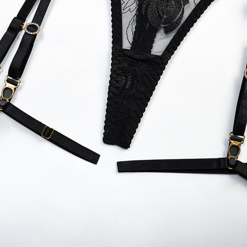 Radiant Gemstone Mesh Bra & Panty Set with Garter