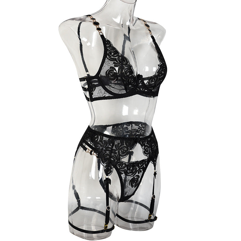 Black Radiant Gemstone Mesh Bra & Panty Set with Garter Side Viewjpg