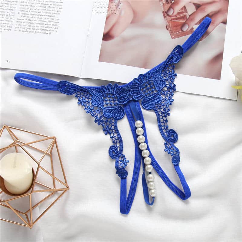 Blue Luxurious Embroidered Pearl Open Crotch Micro Thong Display
