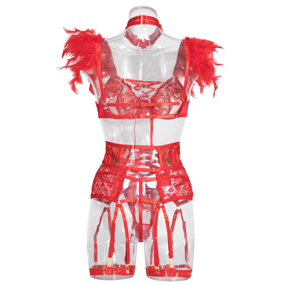 Christmas Sheer Mesh 3-Piece Bra Set with Embroidered Flowers - Wholesale Lingerie Back View