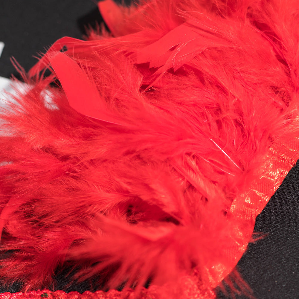 Christmas Sheer Mesh 3-Piece Bra Set with Embroidered Flowers - Wholesale Lingerie Feather Details