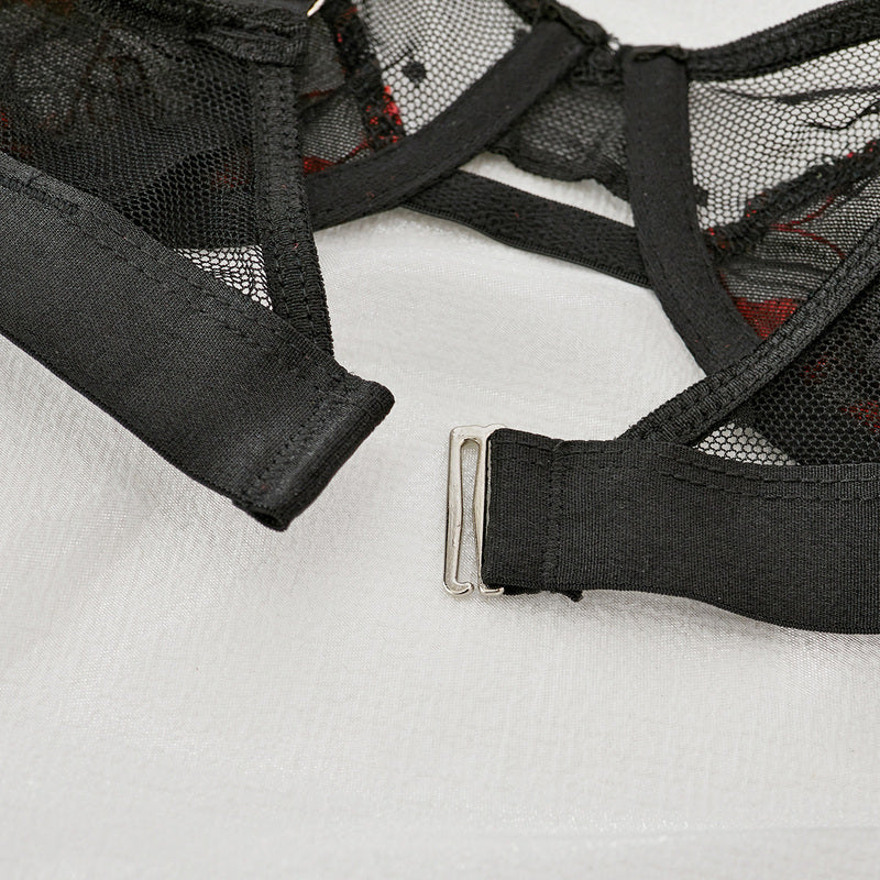 Embroidered Mesh 3-Piece Bra and Panty Set with Red Floral Back Show