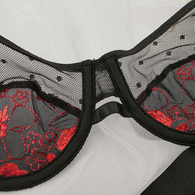 Embroidered Mesh 3-Piece Bra and Panty Set with Red Floral Bra Show
