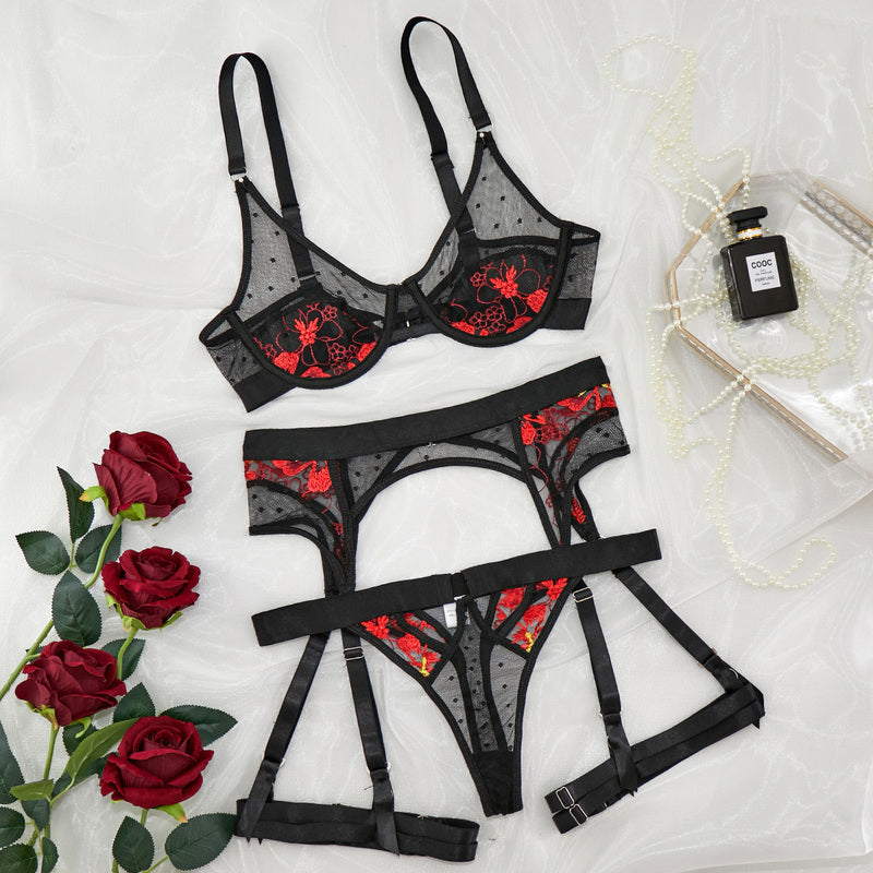 Embroidered Mesh 3-Piece Bra and Panty Set with Red Floral Over View