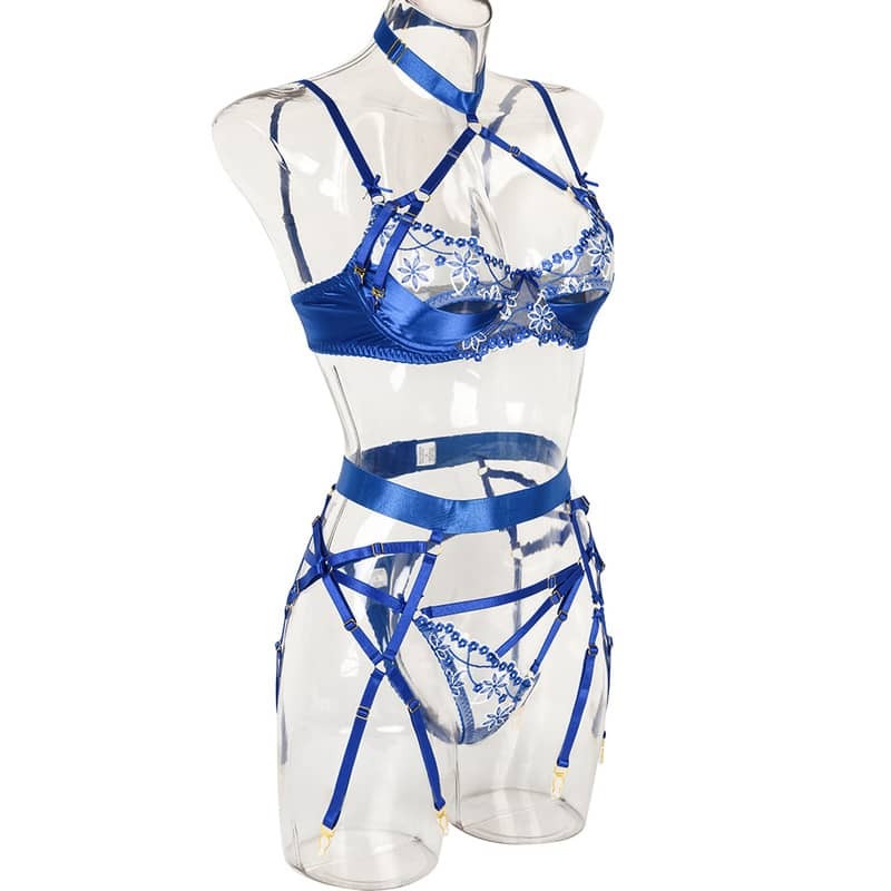 Halter Cutout Satin Panel Garter Belt Set Site View