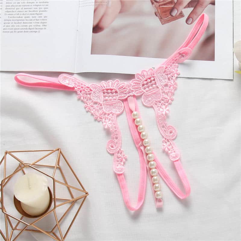 Pink Luxurious Embroidered Pearl Open Crotch Micro Thong Display
