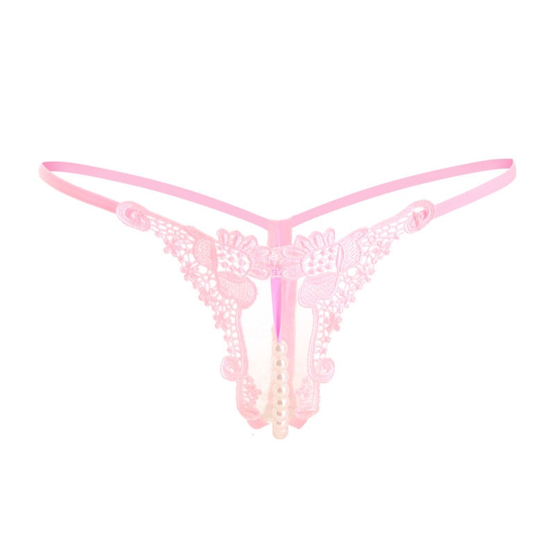 Pink Luxurious Embroidered Pearl Open Crotch Micro Thong