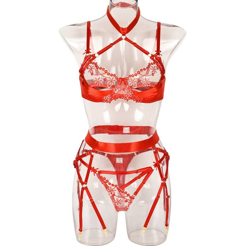 Red Halter Cutout Satin Panel Garter Belt Set
