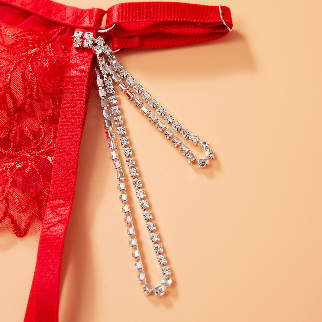 Red Sheer Lace Garter Lingerie Ensemble Chain Details