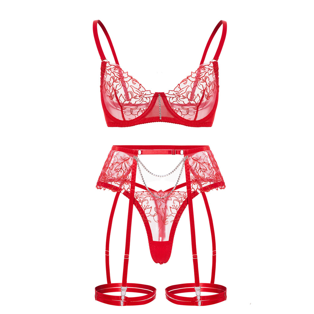 Red Sheer Lace Garter Lingerie Ensemble Front View