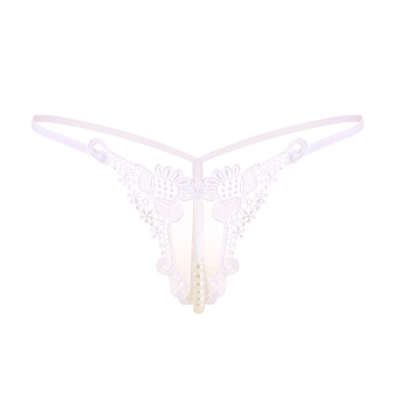 White Luxurious Embroidered Pearl Open Crotch Micro Thong