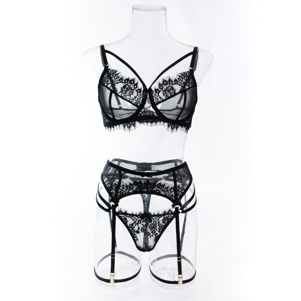 Wholesale Sexy Black Bra Panty Set with Floral Lace Garter Front View