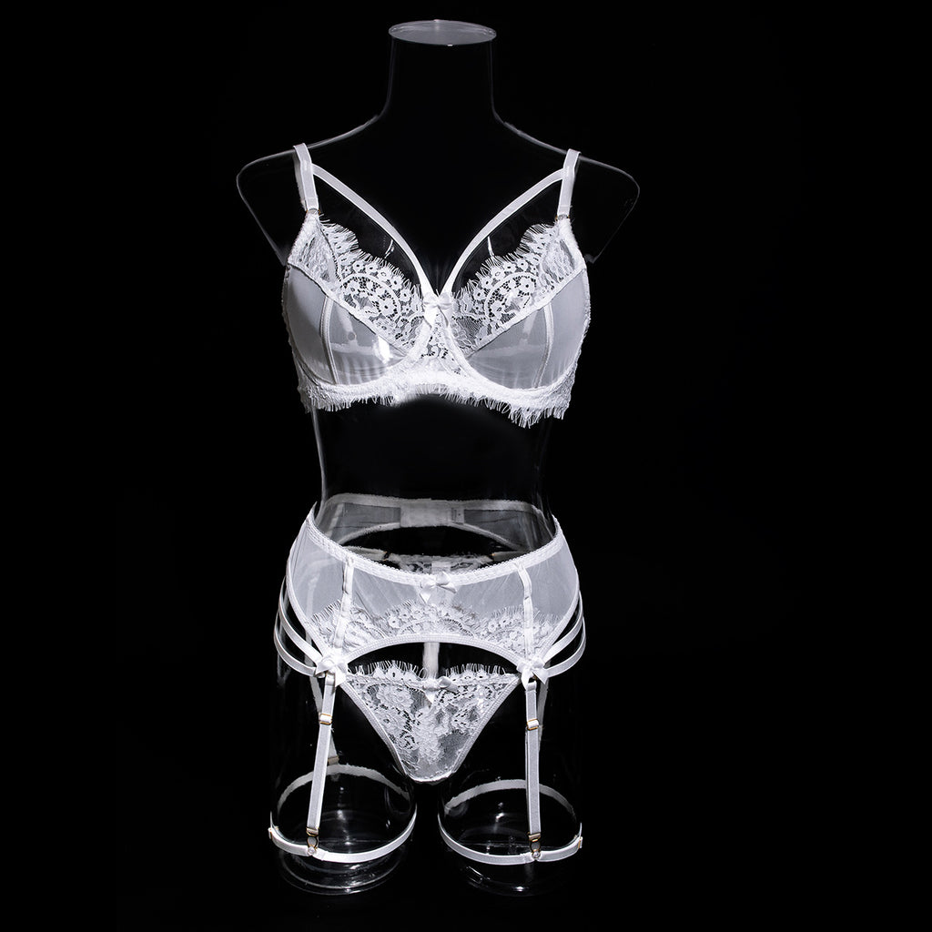 Wholesale Sexy White Bra Panty Set with Floral Lace Garter Front View