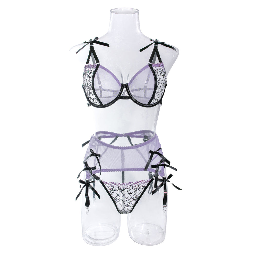 Wholesale Sheer Lace Bra and Panty Set with Matching Suspender Front display