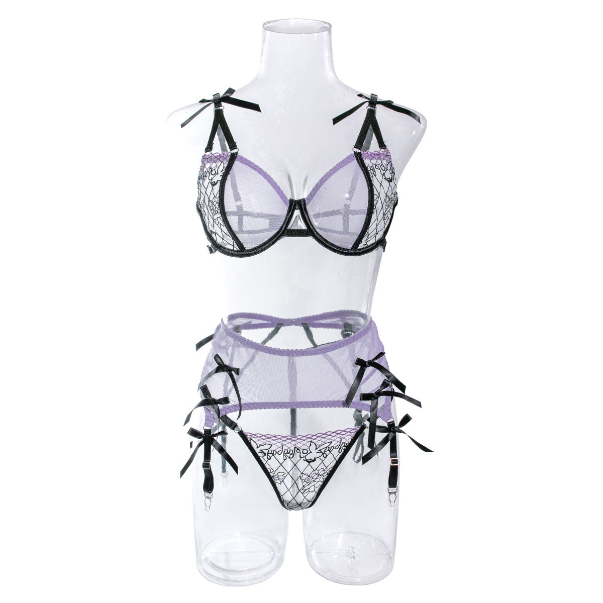 Wholesale Sheer Lace Bra and Panty Set with Matching Suspender Front display