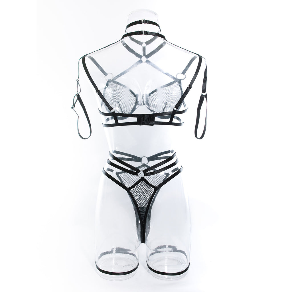 Wholesale Skimpy Black Lace Bra Suit with Integrated Straps Back View