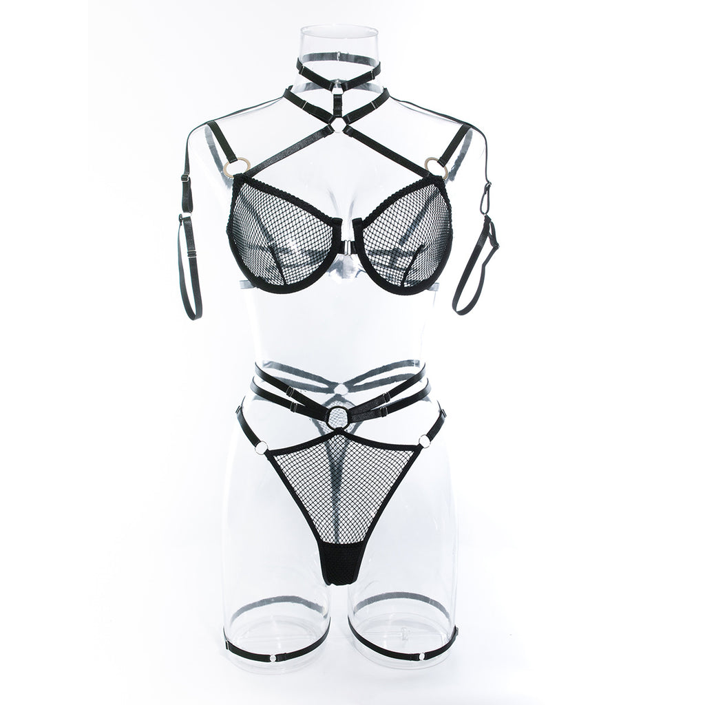 Wholesale Skimpy Black Lace Bra Suit with Integrated Straps Front View