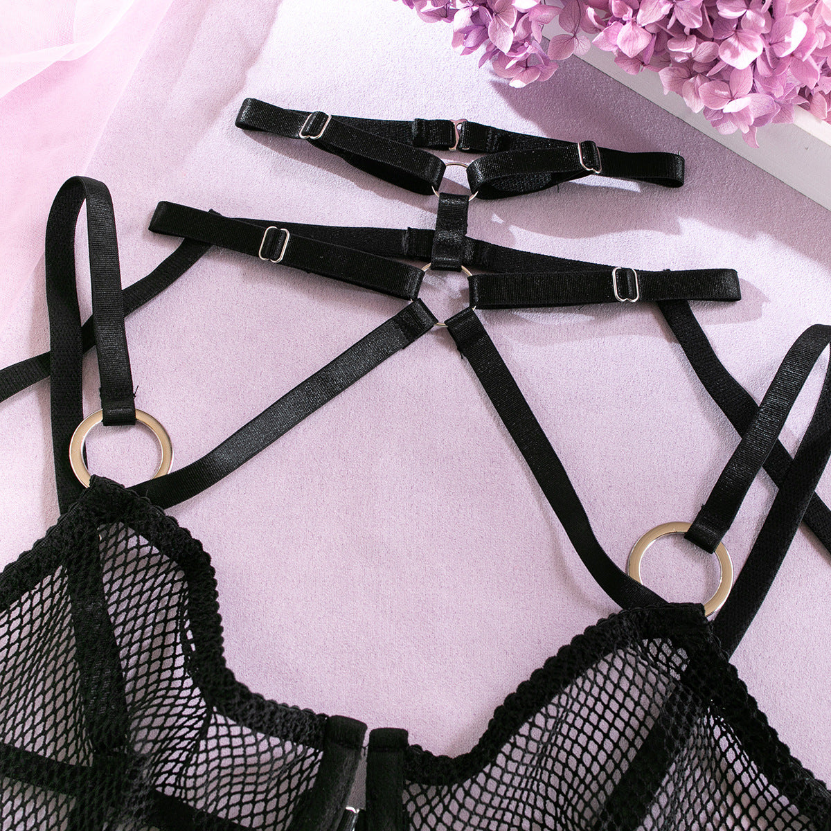 Wholesale Skimpy Black Lace Bra Suit with Integrated Straps Harter Details