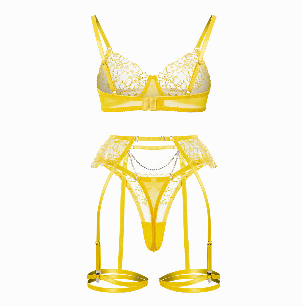 Yellow Sheer Lace Garter Lingerie Ensemble Back View