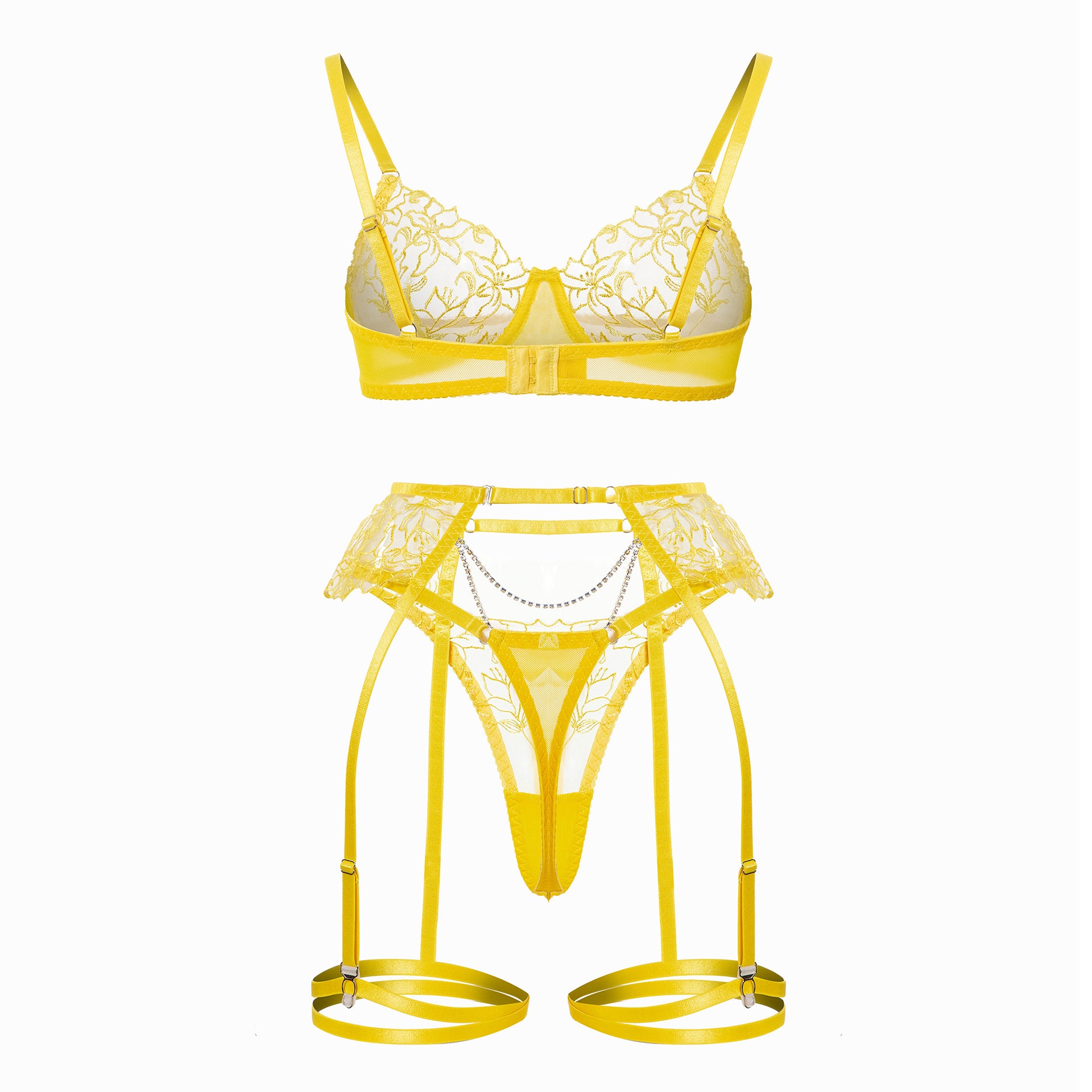 Yellow Sheer Lace Garter Lingerie Ensemble Back View