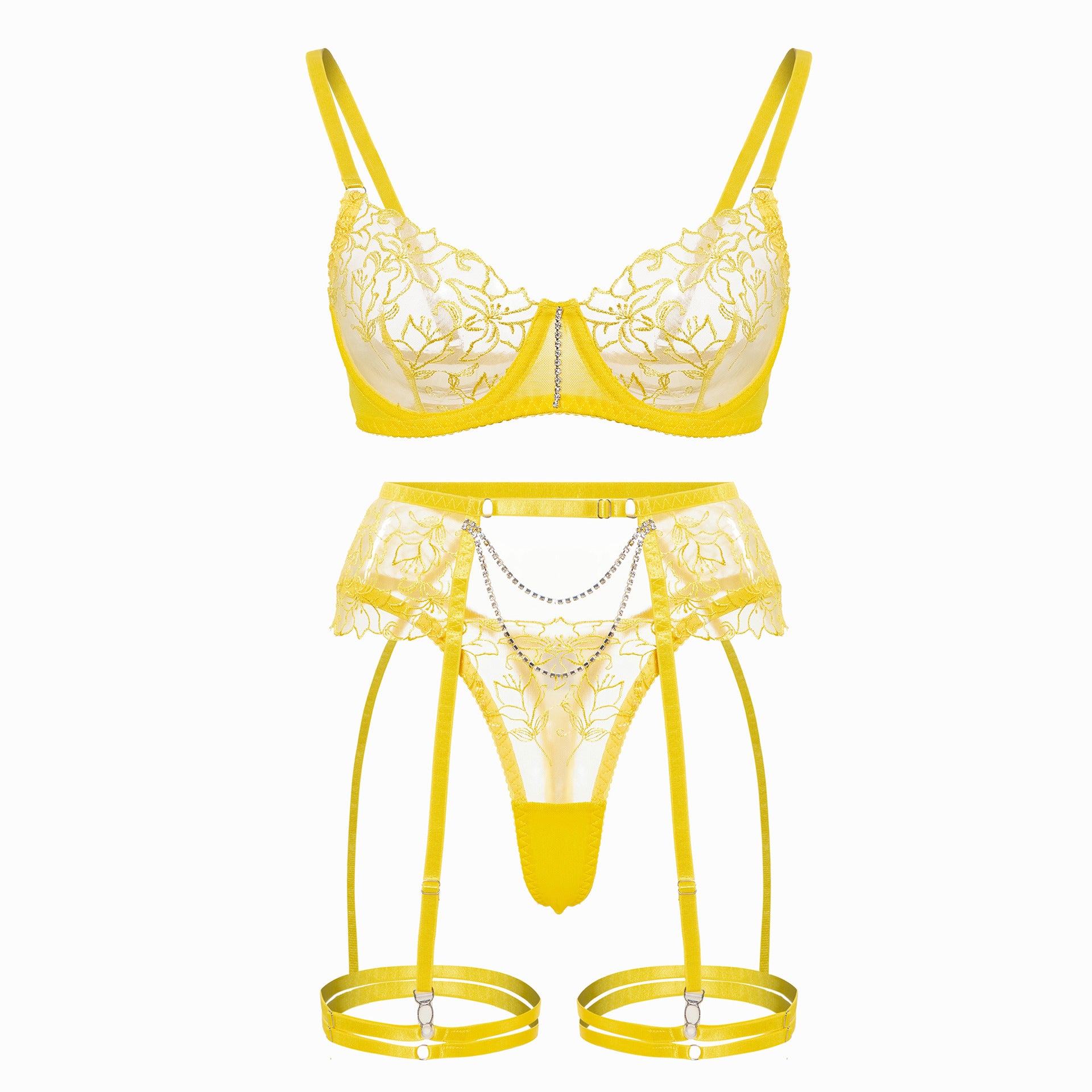Yellow Sheer Lace Garter Lingerie Ensemble Front View