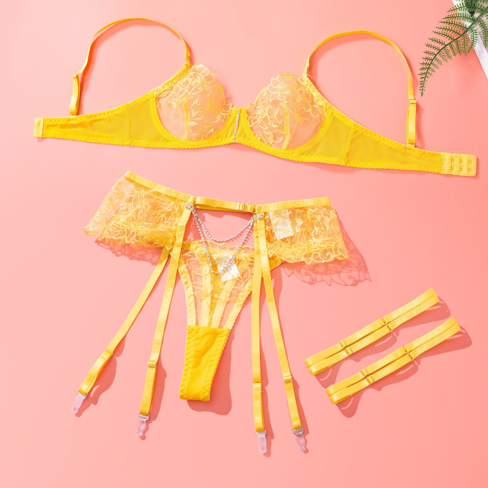 Yellow Sheer Lace Garter Lingerie Ensemble Over View