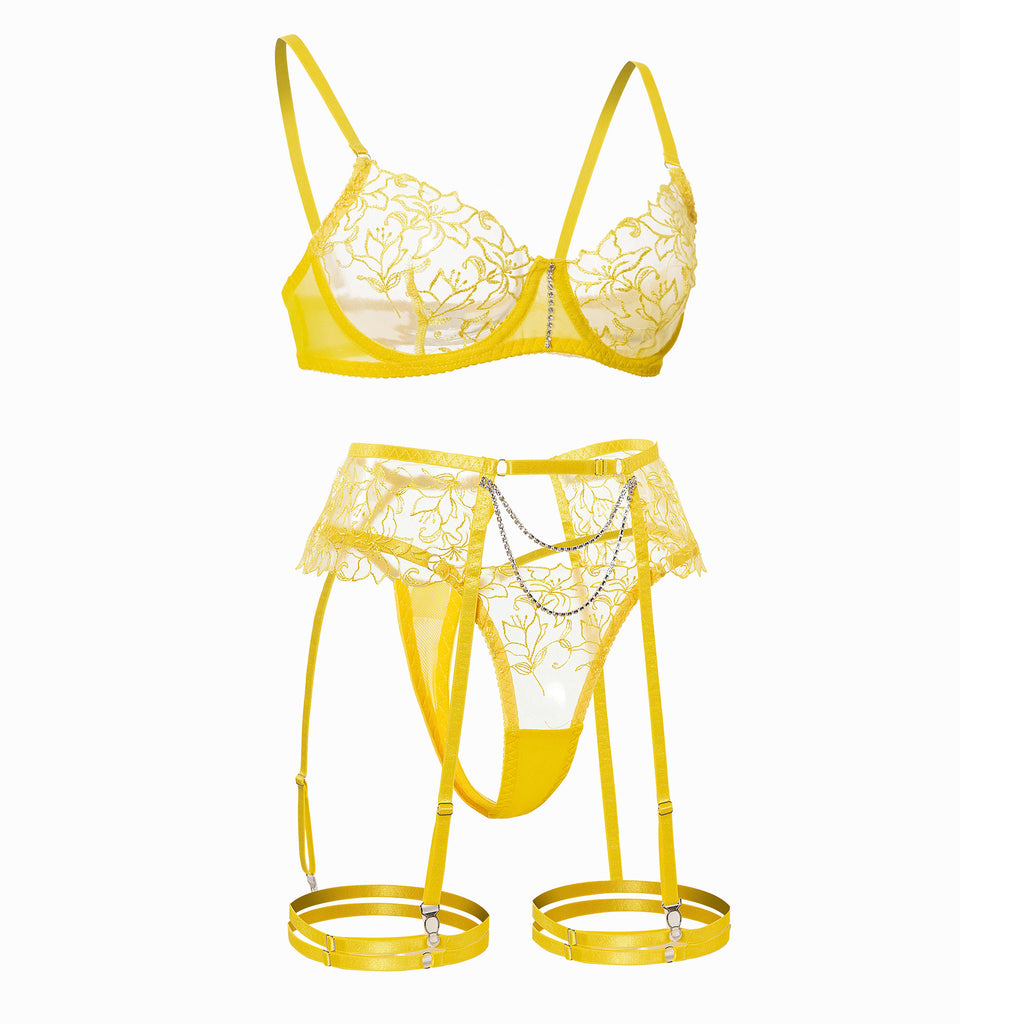Yellow Sheer Lace Garter Lingerie Ensemble Side View